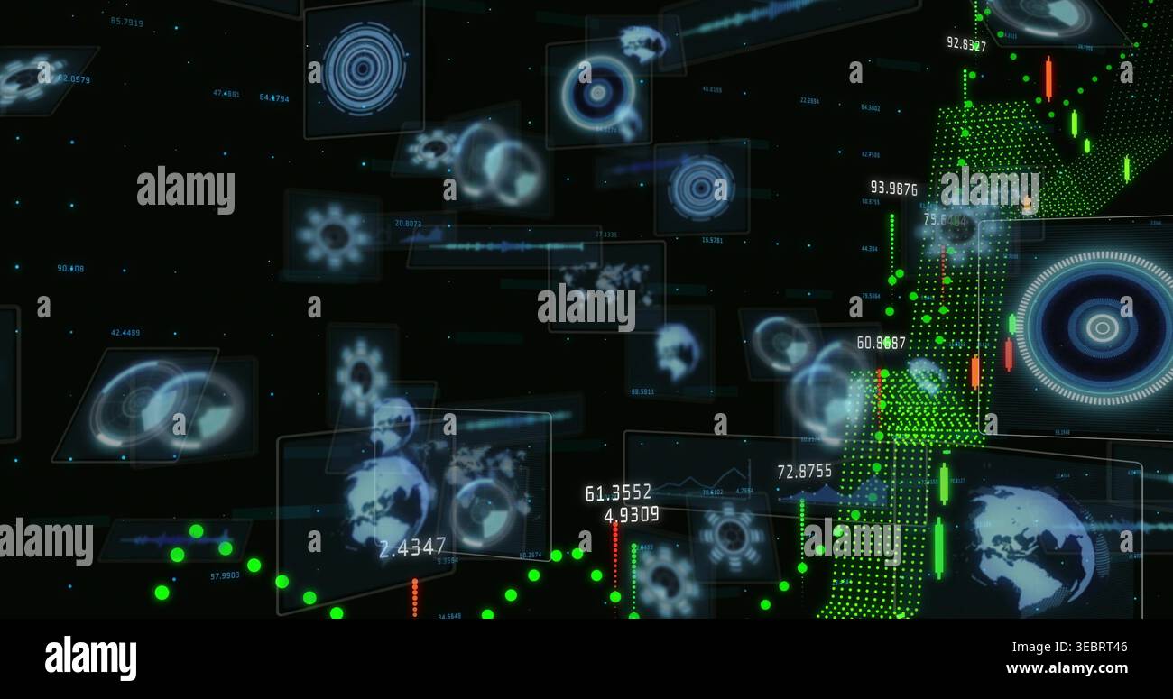 Displaying holographic map panels floating in virtual dashboard, with green candlestick chart Stock Photo