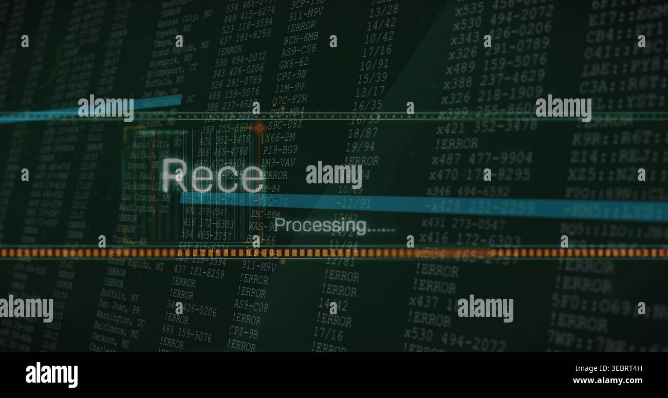 Displaying central processing UI on console showing cyan bar, dotted strip, Rece, Processing Stock Photo