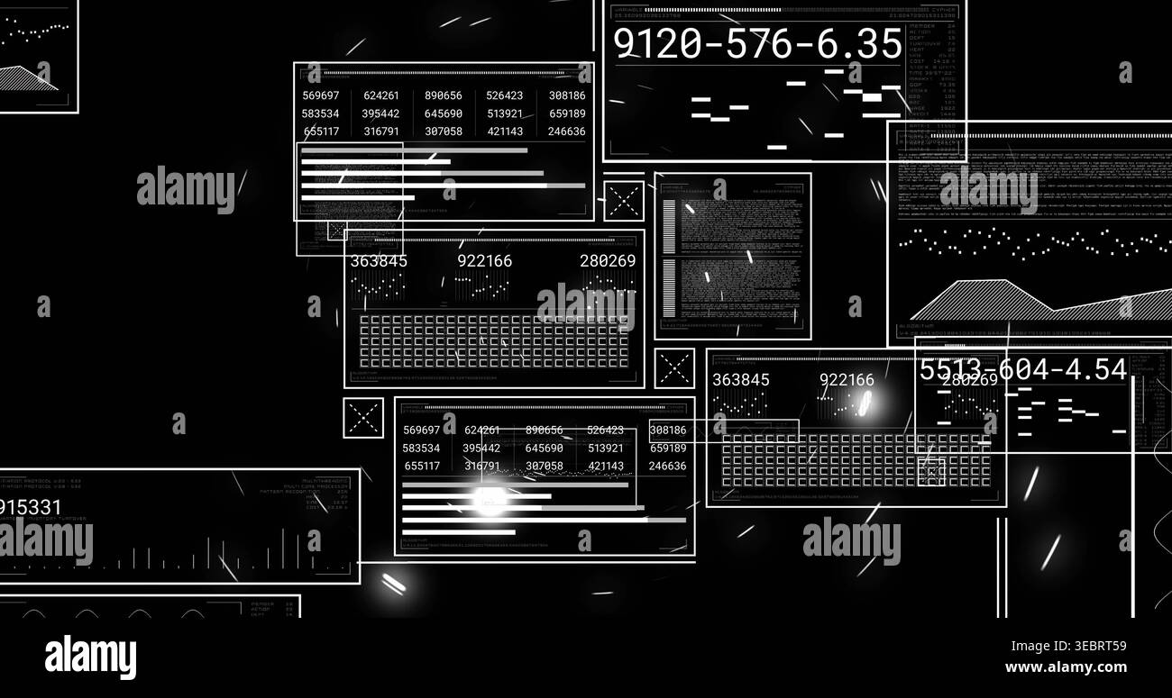 Displaying central HUD panels pulsing at virtual dashboard, with numeric readouts, waveform charts Stock Photo