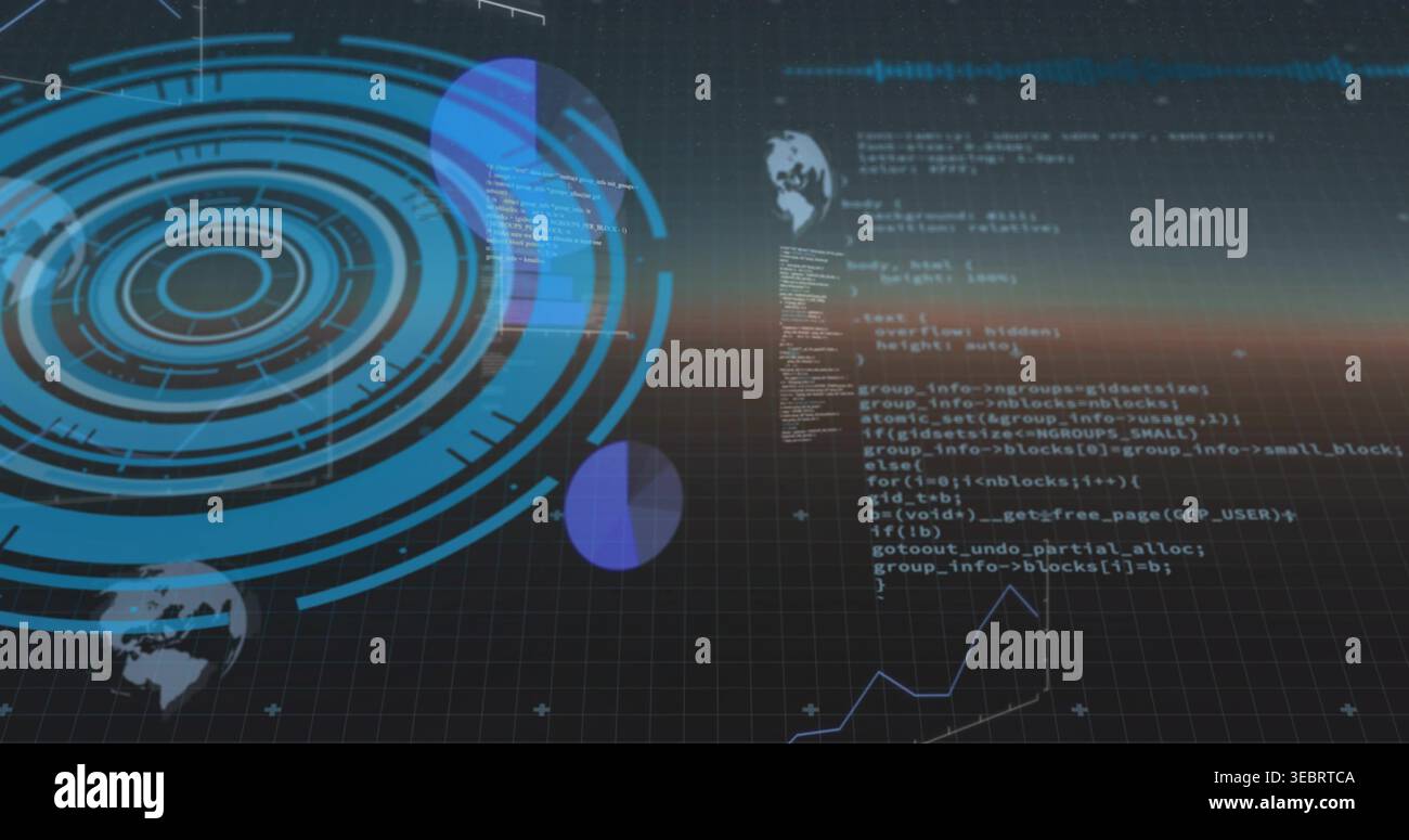 Rotating concentric circular HUD hovering left on dashboard, showing grid, code, globe, waveform Stock Photo