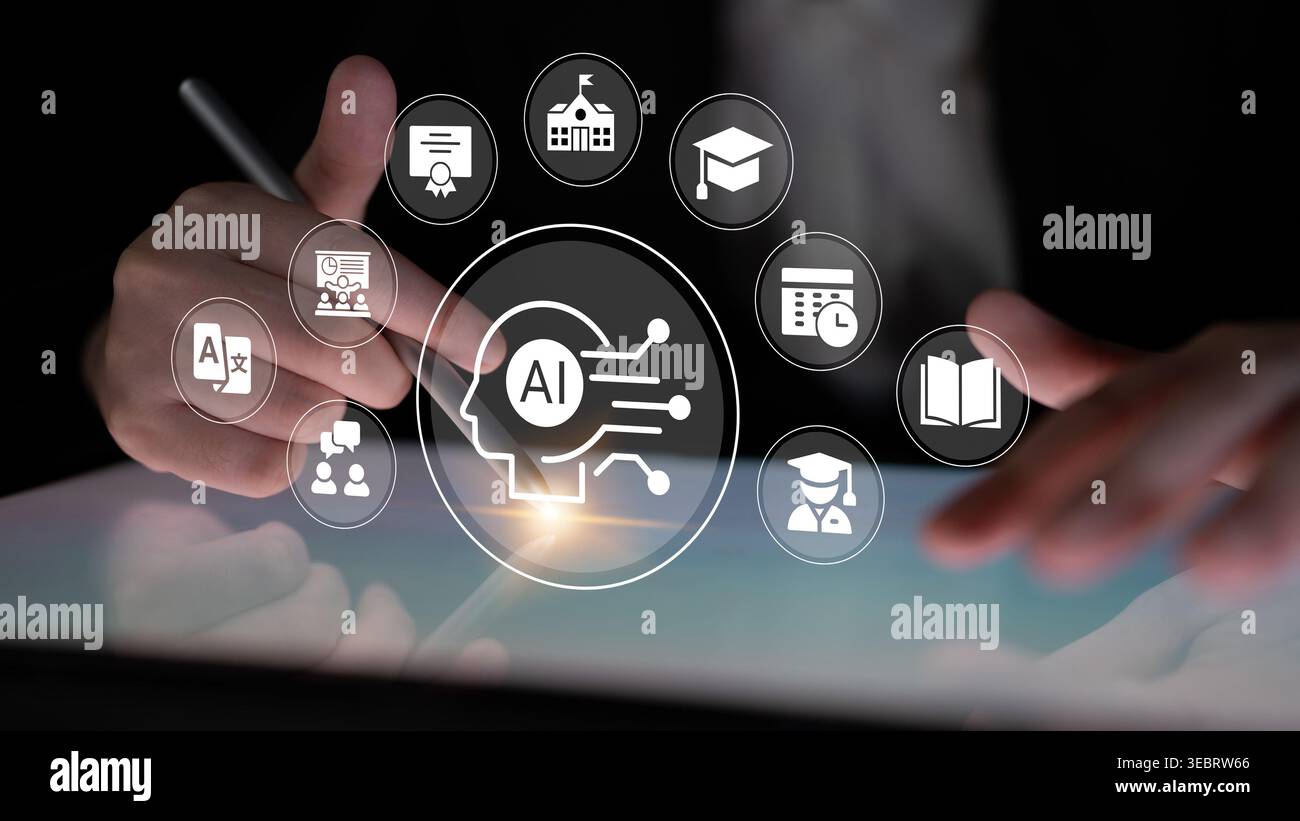 A person engages with a touchscreen device displaying digital icons representing artificial intelligence and educational concepts, highlighting the Stock Photo