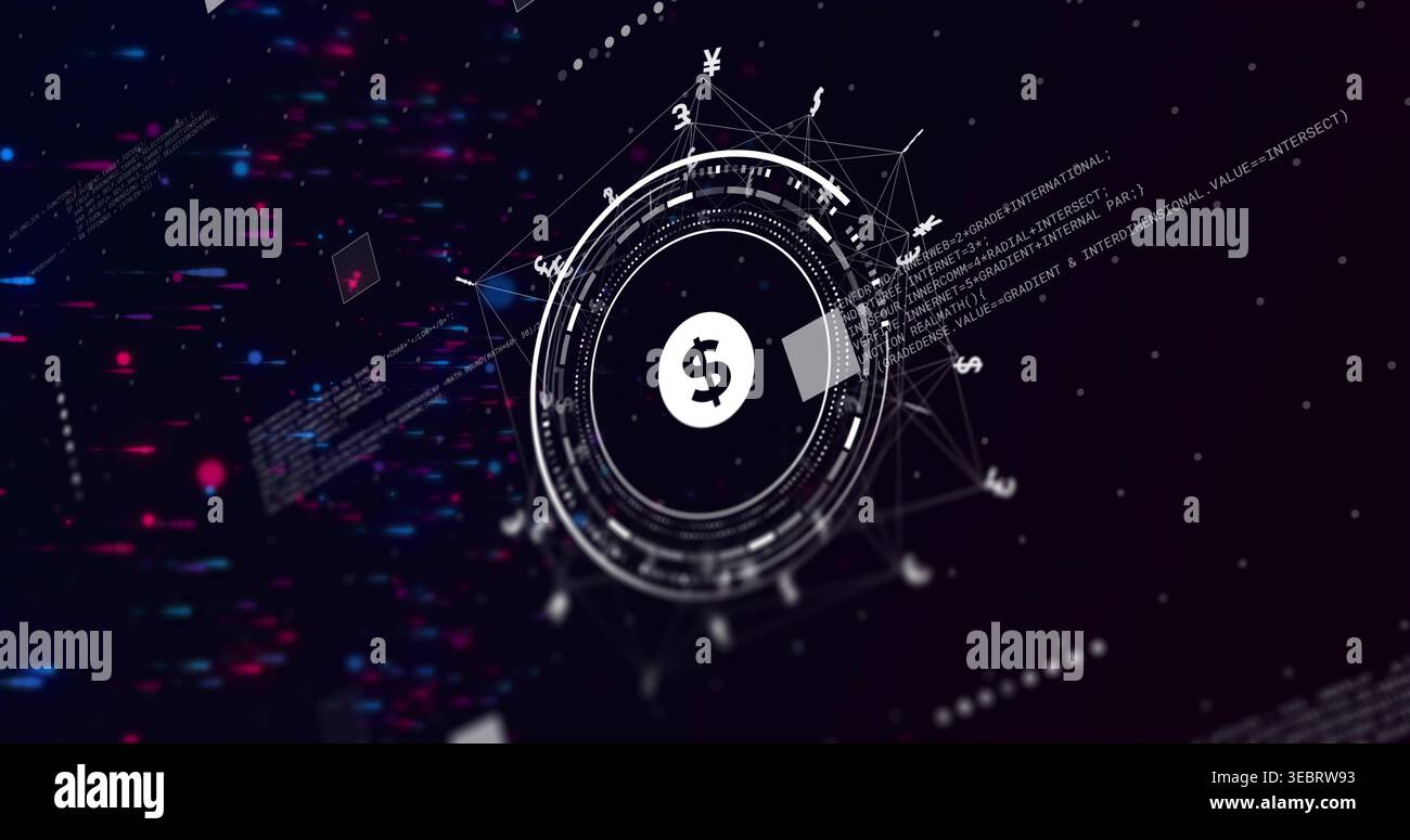 Displaying central HUD with white dollar symbol in virtual space, showing wireframe mesh and code Stock Photo