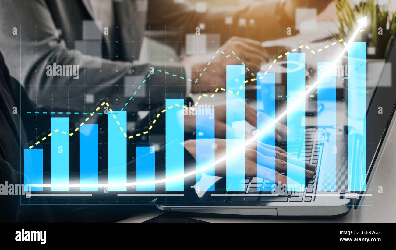 Dynamic business analytics image showcasing data visualization with rising graphs and digital charts, representing team collaboration in a modern Stock Photo