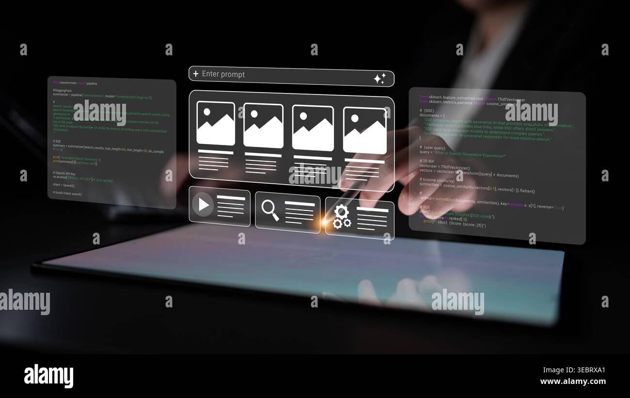 A person interacts with a futuristic digital interface on a tablet, showcasing multimedia applications and coding elements, representing innovation in Stock Photo