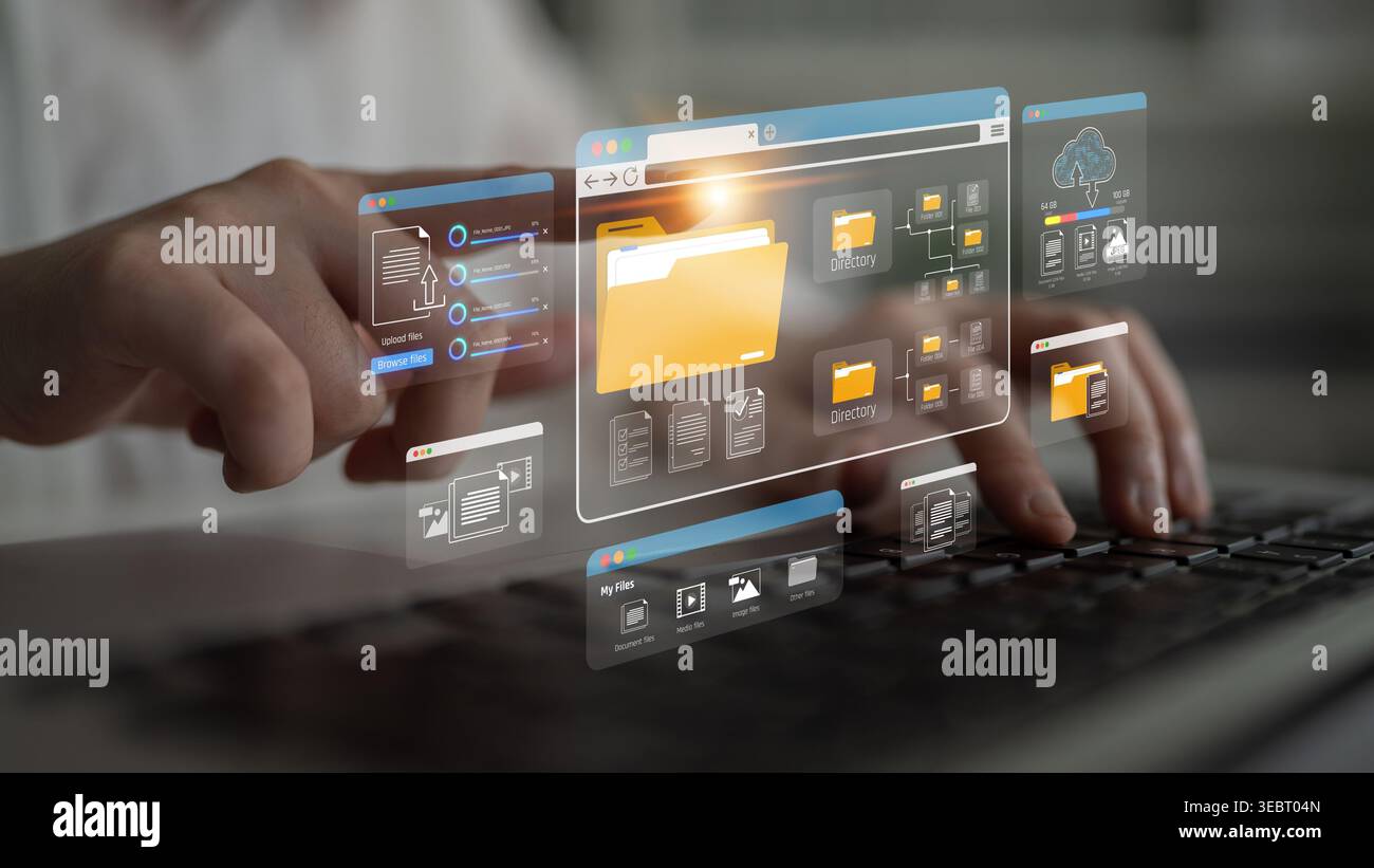 Hands Typing on Laptop with Digital File Management Interface and Virtual Folder Visualization in Modern Workspace Environment Sigmoid Stock Photo