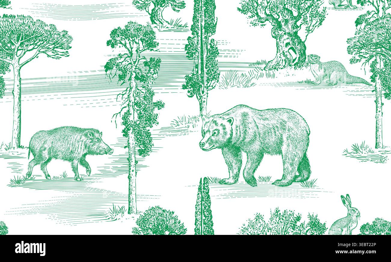 Toile de Jouy seamless pattern with forest animals and Castles. Bear and wild boar with hare and otter, olive trees and pines. perfect for textile Stock Vector