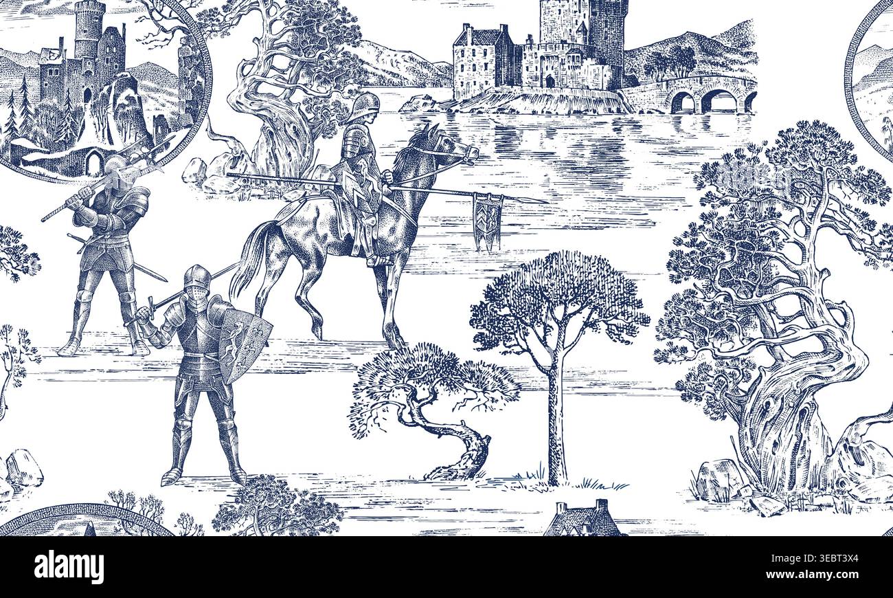 Medieval England Pattern Medieval toile de jouy seamless pattern with Knights armoured and ...