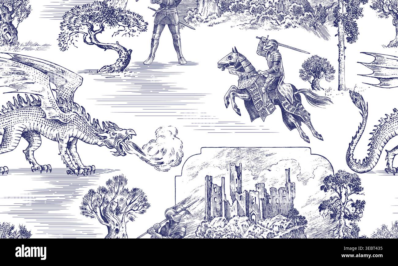Medieval England Pattern Medieval toile de jouy seamless pattern with Dragon and Knights ...