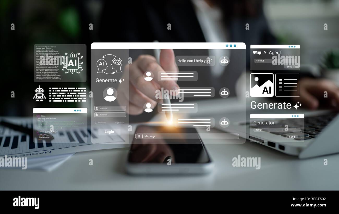 Interactive digital interface showcasing artificial intelligence communication, emphasizing user engagement and innovative technology for seamless Stock Photo
