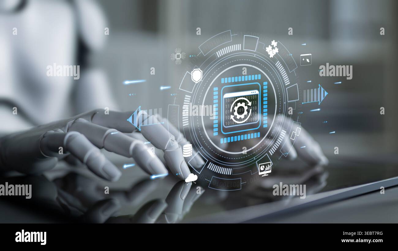 Futuristic Robot Hand Interacting With Digital Interface Displaying Data Analytics and Automation Concepts in Modern Technology Environment Quark. Stock Photo