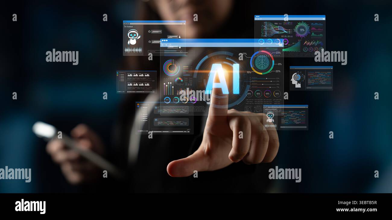 Person Interacting with Futuristic Artificial Intelligence Interface, Touchscreen Displaying Data Analytics and Charts in Dark Environment Sigmoid Stock Photo