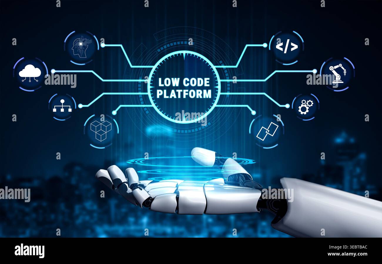 Futuristic Robotic Hand Holding Low Code Platform Concept with Digital Interface Icons Representing Modern Technology and Innovation in Software Stock Photo