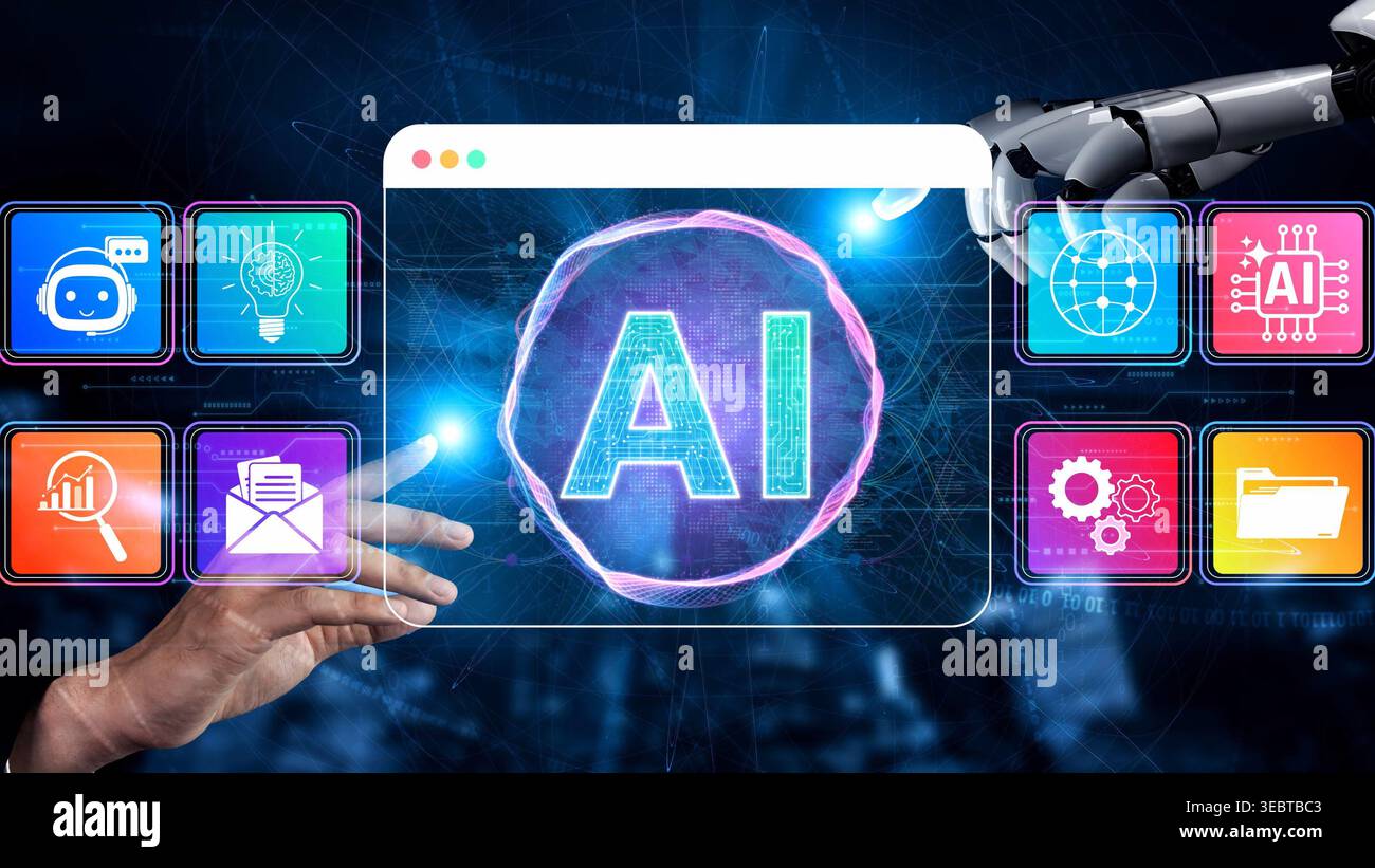 Futuristic Digital Interface Showcasing Artificial Intelligence Application with Robotic Hand Reaching Towards AI Symbol Sigmoid Stock Photo