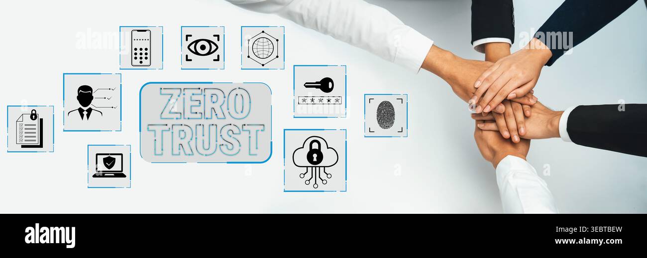 Collaborative Hands Embracing Zero Trust Concept with Security Icons in Business Environment Showing Teamwork and Modern Safety Approach Fluxor. Stock Photo