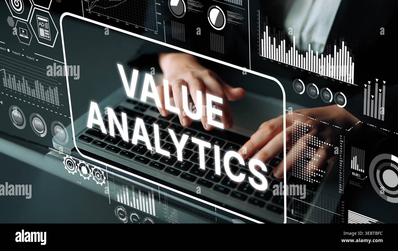 Hands on Keyboard with Value Analytics Text and Data Visualization for Business Insights and Analysis in Digital Environment. Asymptotic smart data Stock Photo