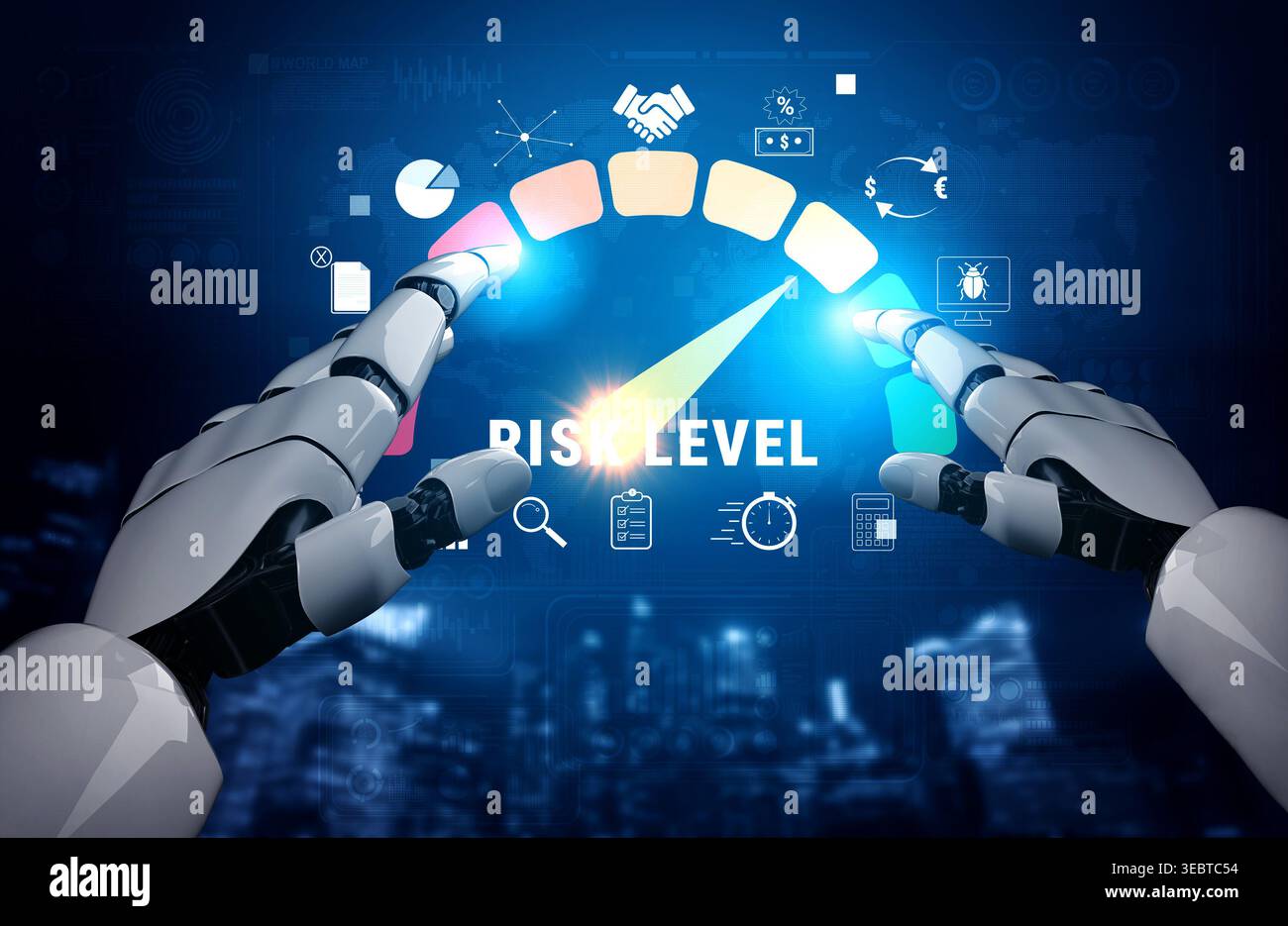 Futuristic Robotic Hands Interacting with Digital Risk Level Meter Displaying Financial Analytics and Data Insights Technology Background Quark. Stock Photo