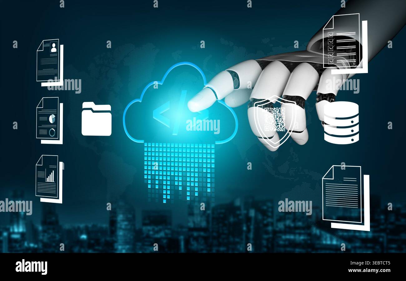 Futuristic Robotic Hand Interacting with Cloud Technology Interface Featuring Data Transfer and Digital Storage Concepts Fluxor. Stock Photo