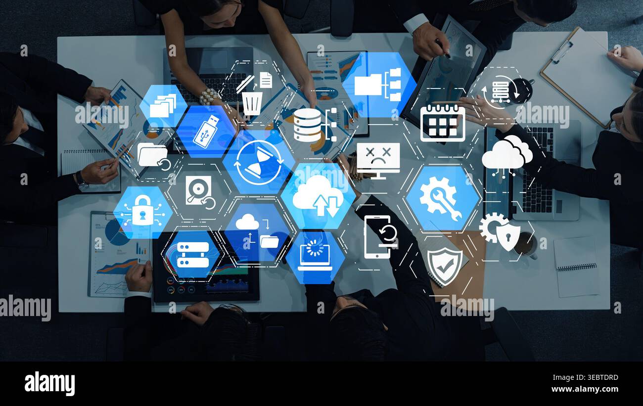 Cloud backup system connects devices through a secure data backup network. Data backup ensures protection, data backup reliability, and recovery Stock Photo