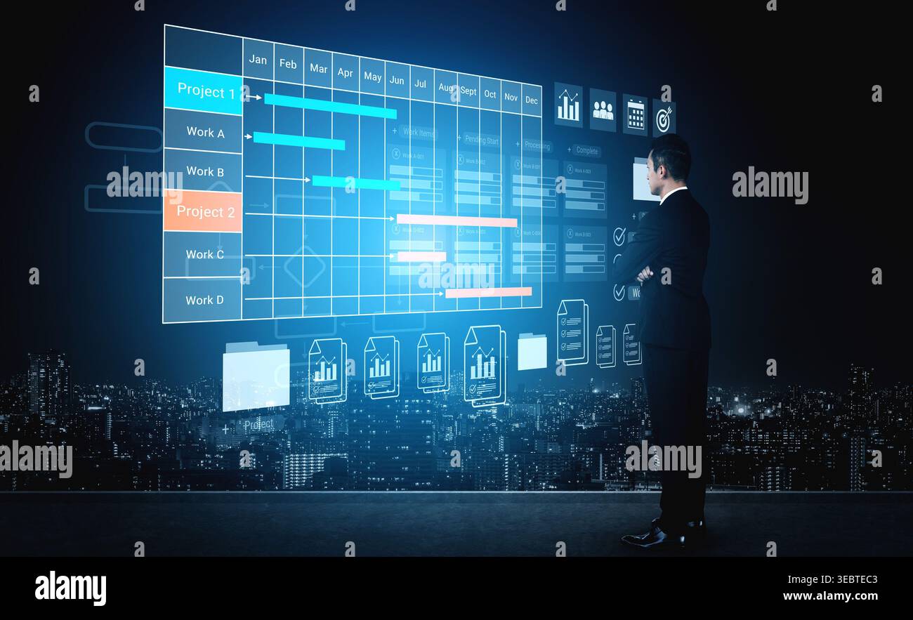 Digital visualization of multiple project timelines with progress tracking, documents, and team collaboration symbols Parse Stock Photo