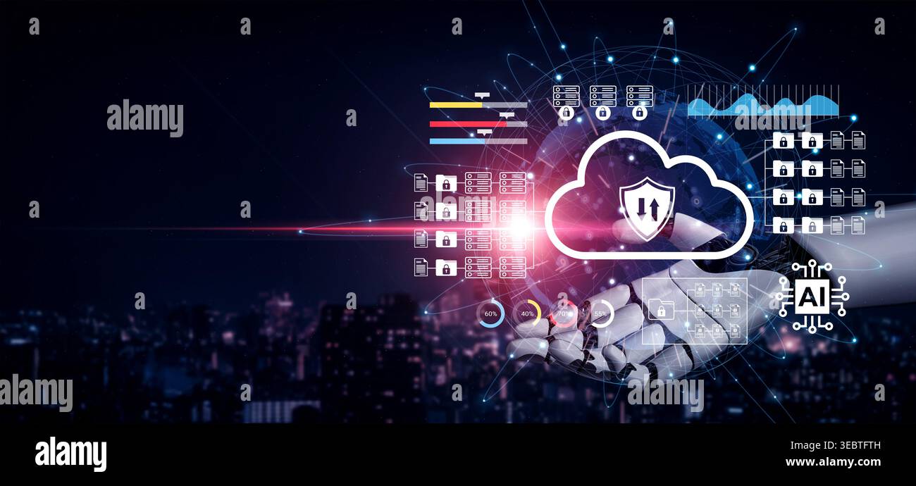 A visual representation of cloud computing and artificial intelligence showing cybersecurity measures. The digital hand symbolizes modern technology Stock Photo