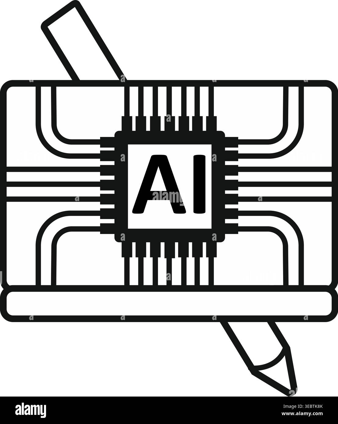 Microchip with letters AI and stylus. Line vector illustration for artificial intelligence design tools, smart editing concepts. Stock Vector