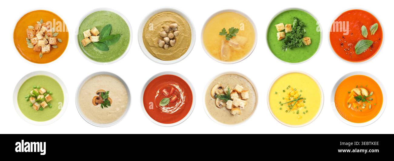 Different tasty soups in bowls isolated on white, collage. Top view Stock Photo