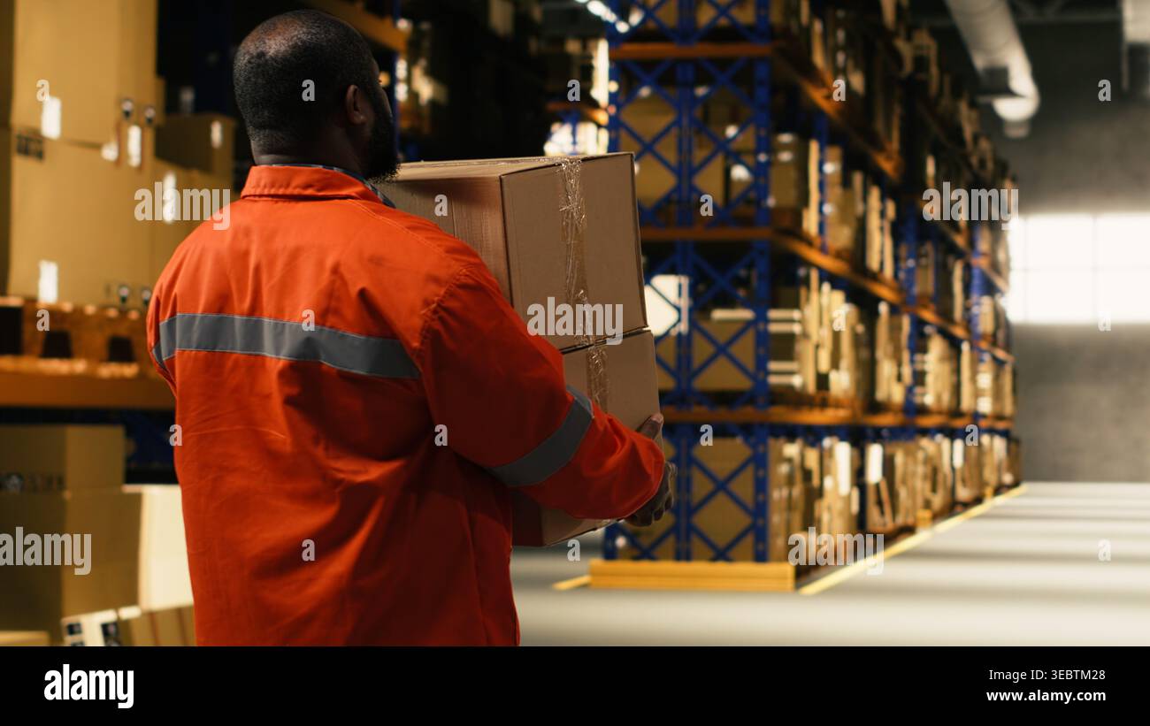 Staff Packing African american staff member carrying cardboard boxes in logistics ...