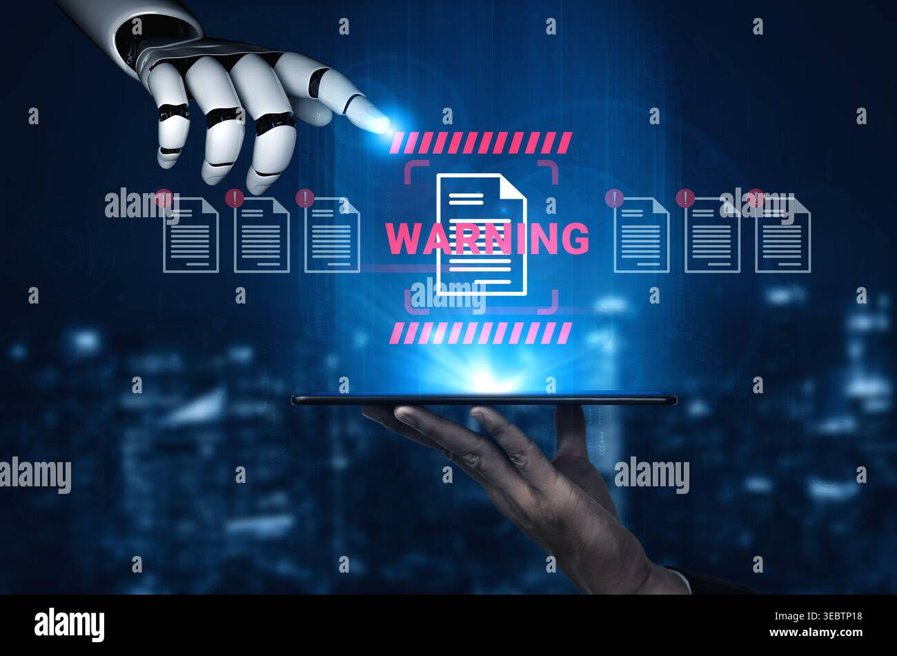 A striking image showcasing a robotic hand pointing at a warning symbol on a digital tablet, emphasizing the intersection of AI technology and data Stock Photo