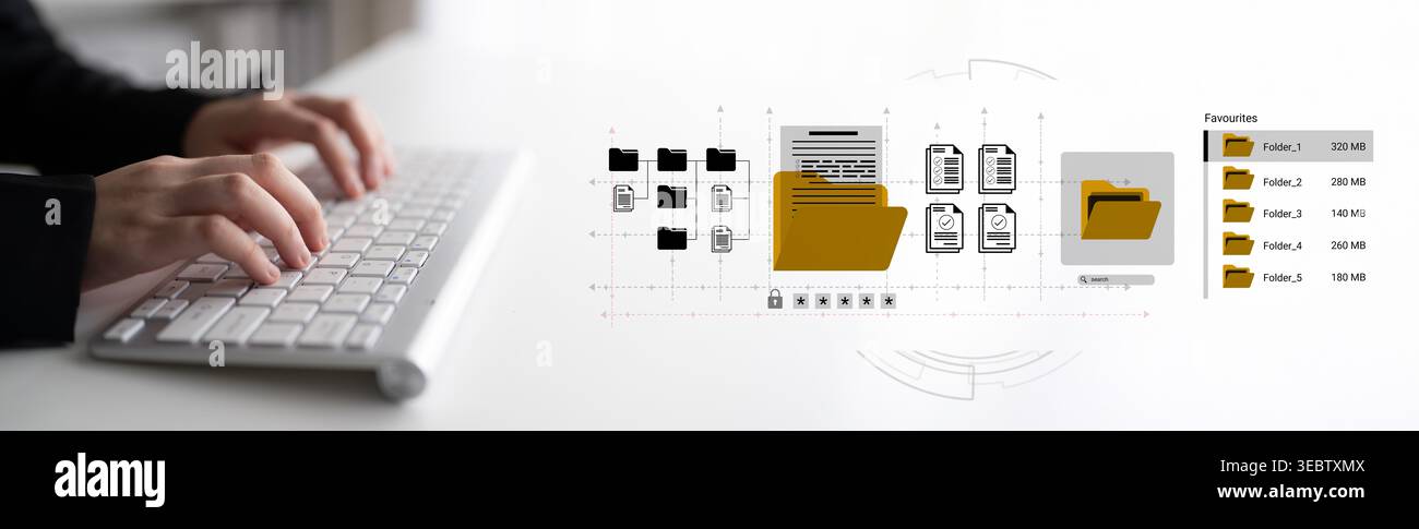 This image features hands actively typing on a keyboard, accompanied by digital graphics representing file management and folder organization, ideal Stock Photo