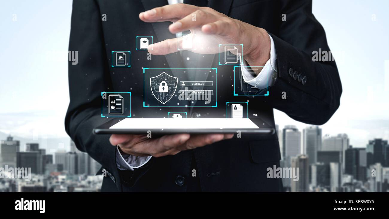 Businessman in Suit Interacting with Virtual Security Interface on Tablet Over Cityscape Background for Cybersecurity and Technology Concepts Quark. Stock Photo