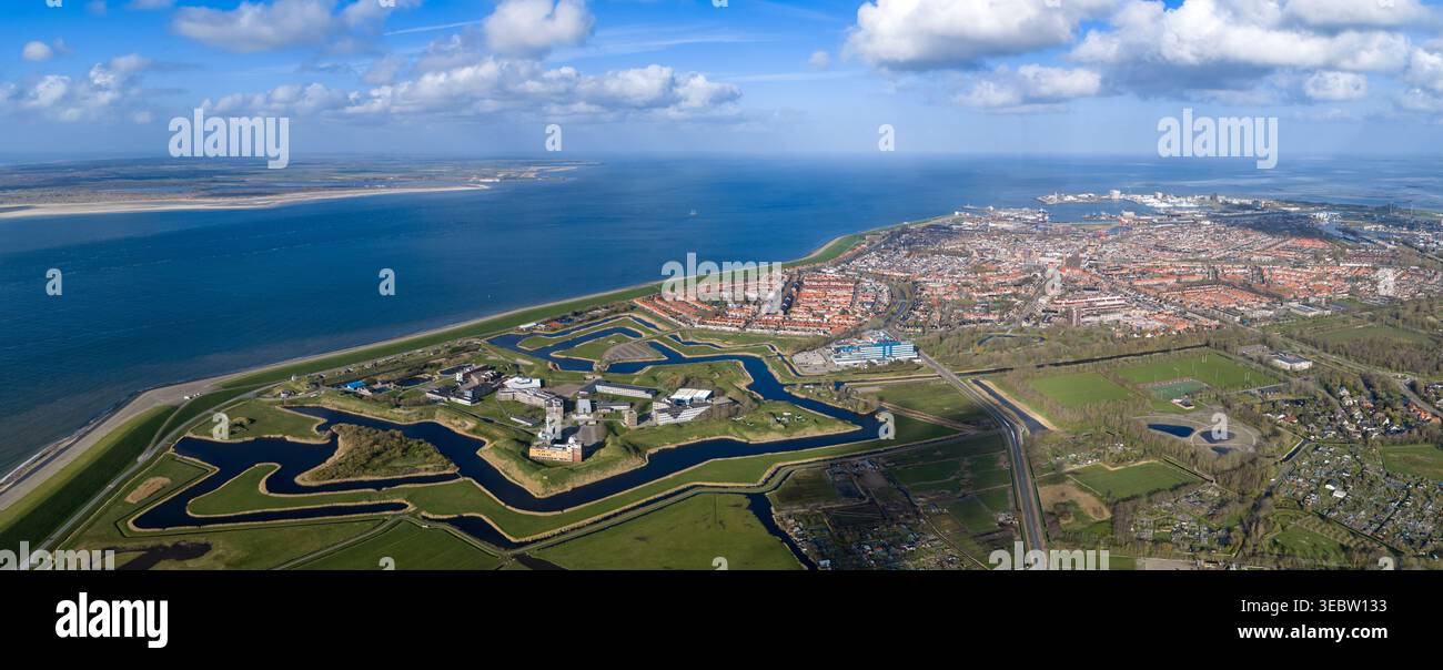 Fort Kijkduin Star Fortress Aerial North Sea Coast Lighthouse Texel Netherlands Den Helder Dutch Fortification Stock Photo