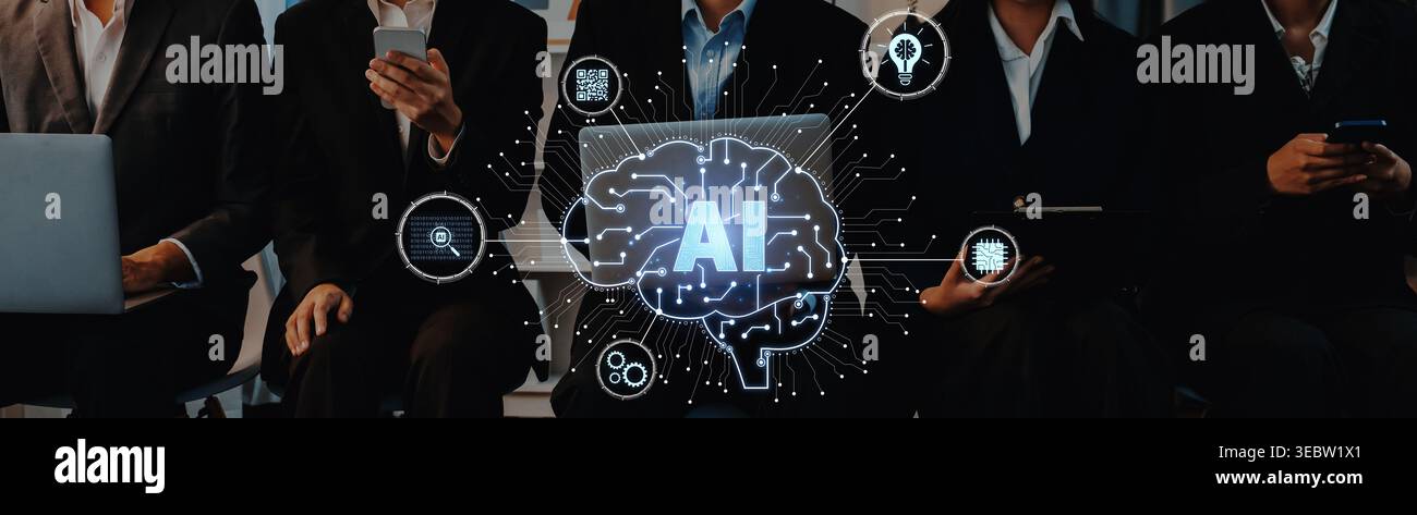 Artificial intelligence models neural signals for deep learning and cognitive computing. Train artificial intelligence to improve recognition Stock Photo
