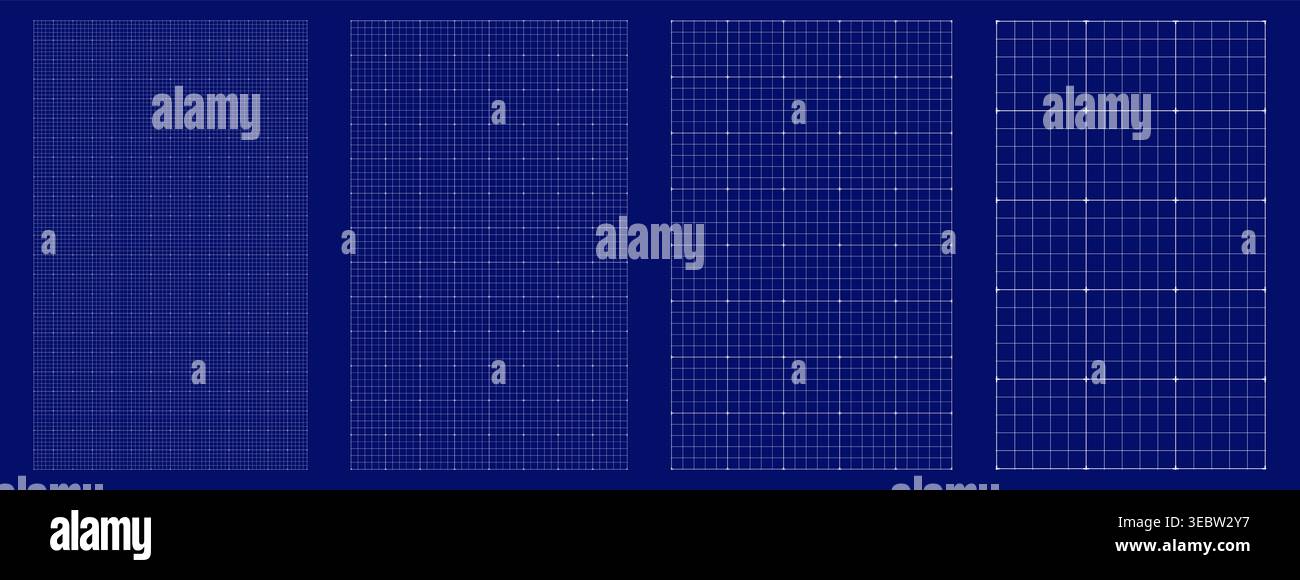 Blueprint grid set millimeter cross guide geometry, four scale variations. Wide medium dense micro spacing comparison, layouts dashboards notebook pages interface planning systems technology graphics  Stock Vector