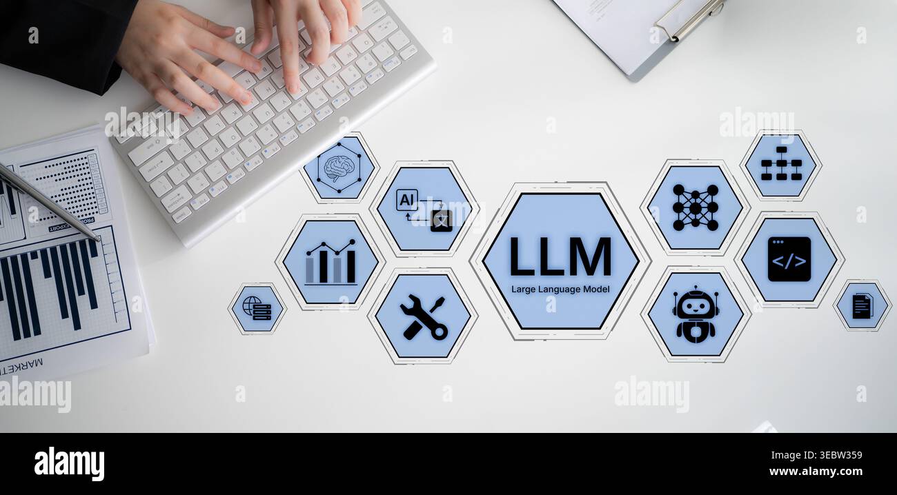 Large Language Model LLM processing data. Represents deep text learning, natural language processing NLP AI tech, transformer architecture, and Stock Photo
