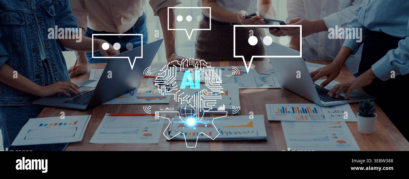 Business Team Collaborating with Artificial Intelligence Technology for Data Analysis and Strategy Development in Modern Office Setting Quark. Stock Photo