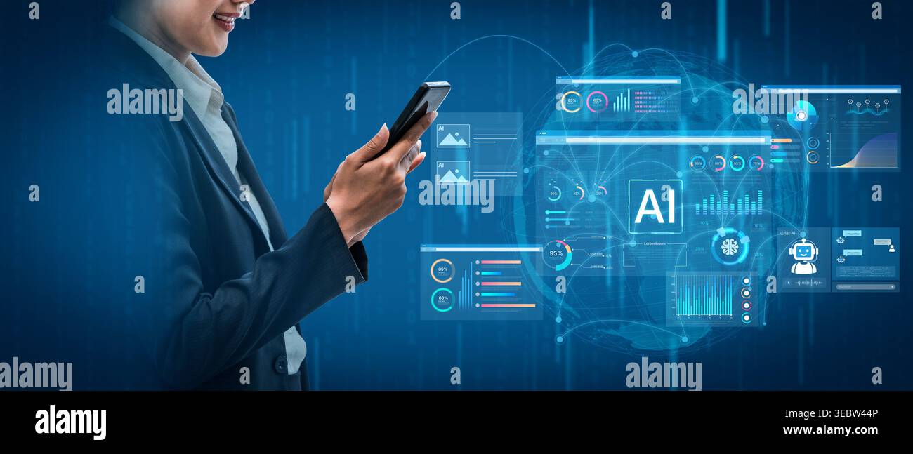 AI business intelligence interface featuring real-time AI data visualization, predictive AI model graphs, and automated report tools driven by AI Stock Photo