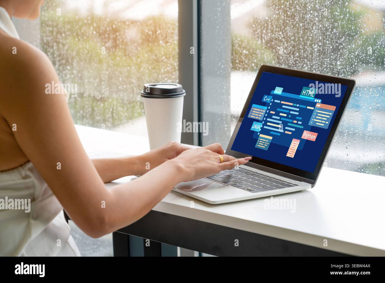 Software development or programming work with coding screen of various programming languages like HTML, , , and C brisk for new application Stock Photo