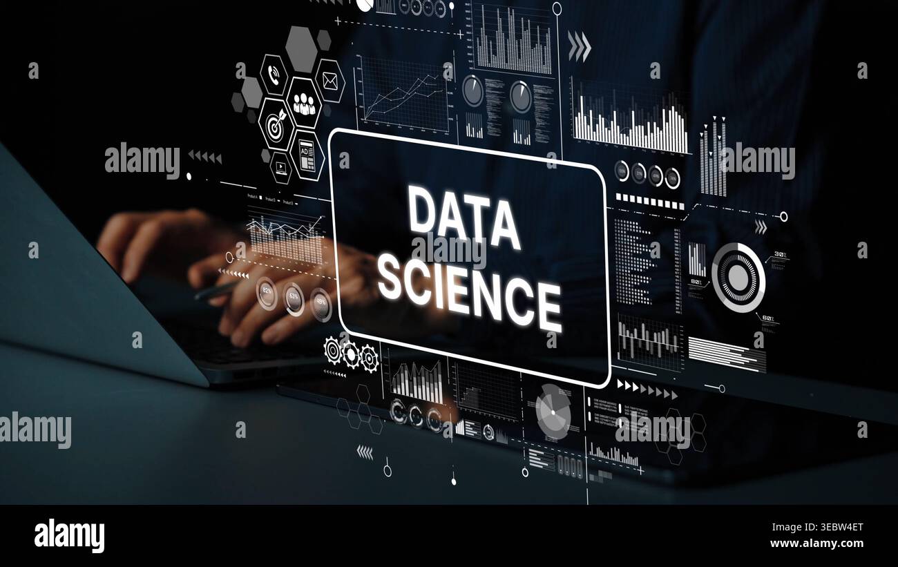 Innovative Data Science Visualization with Graphs, Charts, and Digital Elements Showcasing Technology and Analysis. Asymptotic smart data analytic. Stock Photo