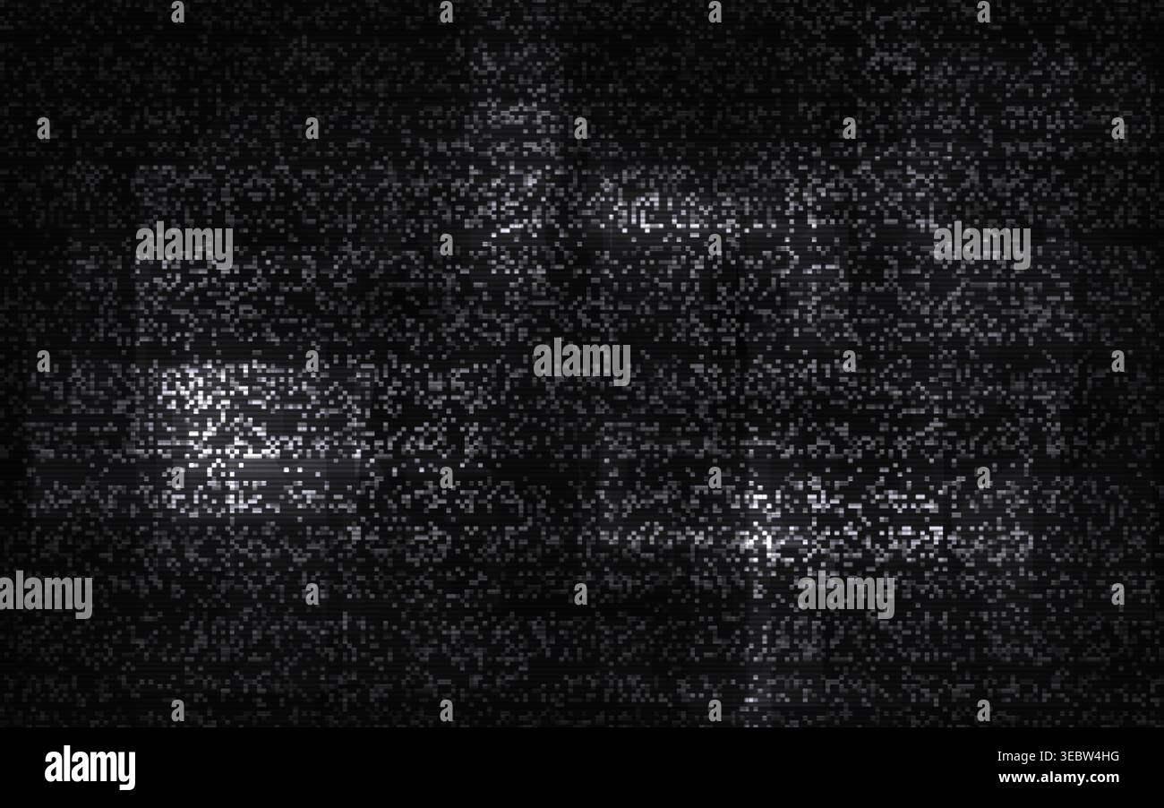 Glitch background with retro noise. Pixel distortion and scanlines on black backdrop. Digital signal interference texture. Distorted video template Stock Vector