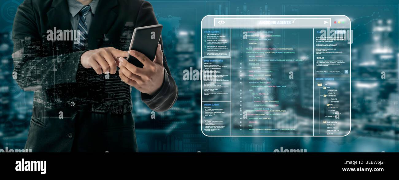 Business professional using smartphone while interacting with digital interface displaying data analytics and coding elements in a futuristic Stock Photo