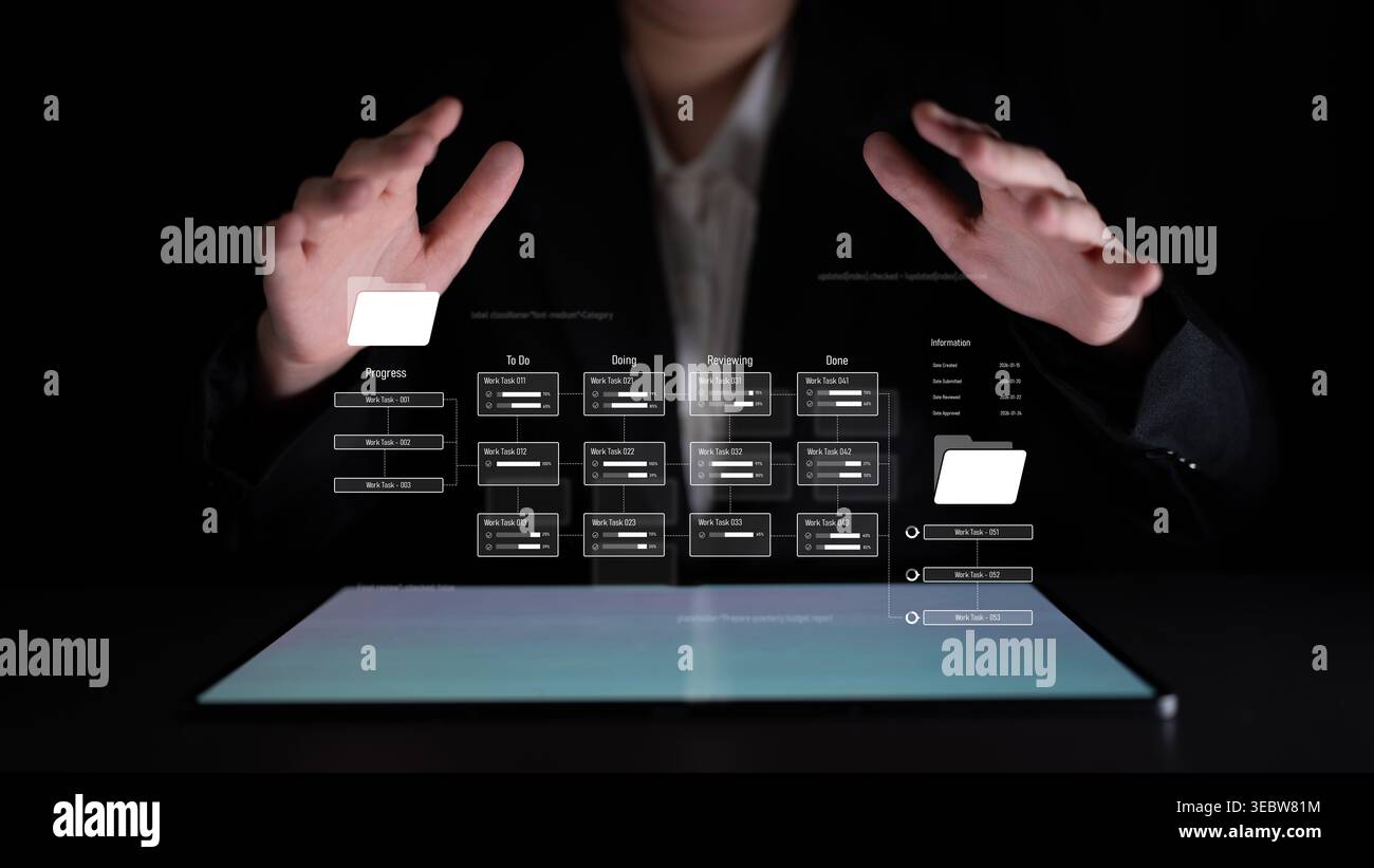 Project management system showing workflow stages, task progress, and review status. Task progress tracks completion, task progress improves workflow Stock Photo