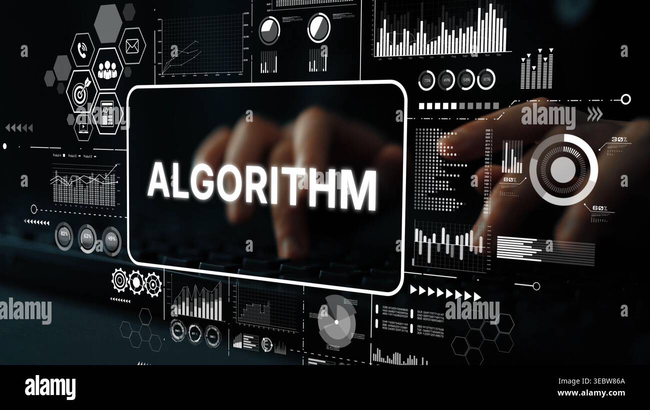 Futuristic Digital Interface with Algorithm Text and Data Visualization Concept for Technology and Innovation Themes. Asymptotic smart data analytic. Stock Photo