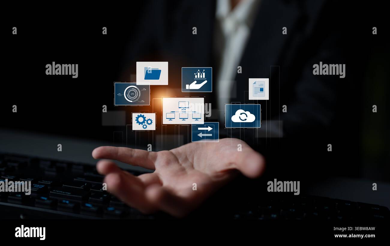 Digital business infrastructure with data system, analytics, sync. System management improves access, system management ensures performance, and Stock Photo