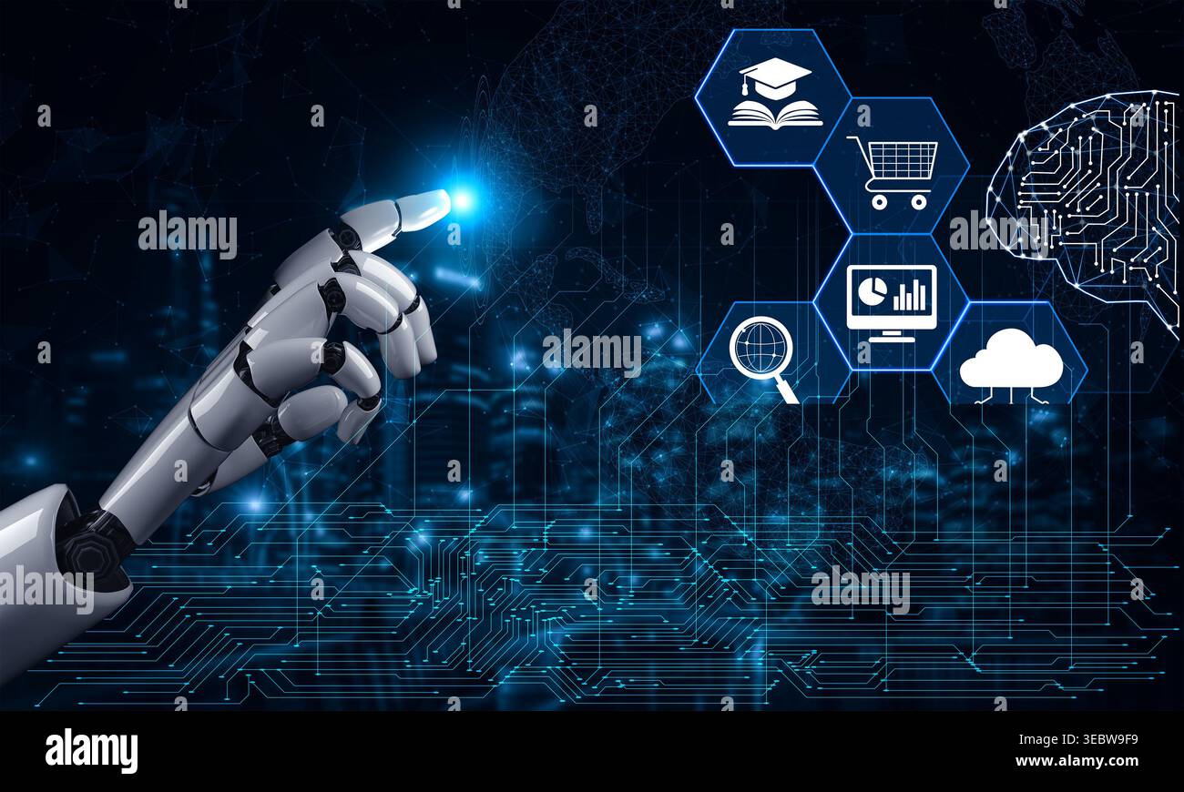 Futuristic Robotic Hand Interacting with Digital Icons Representing ...