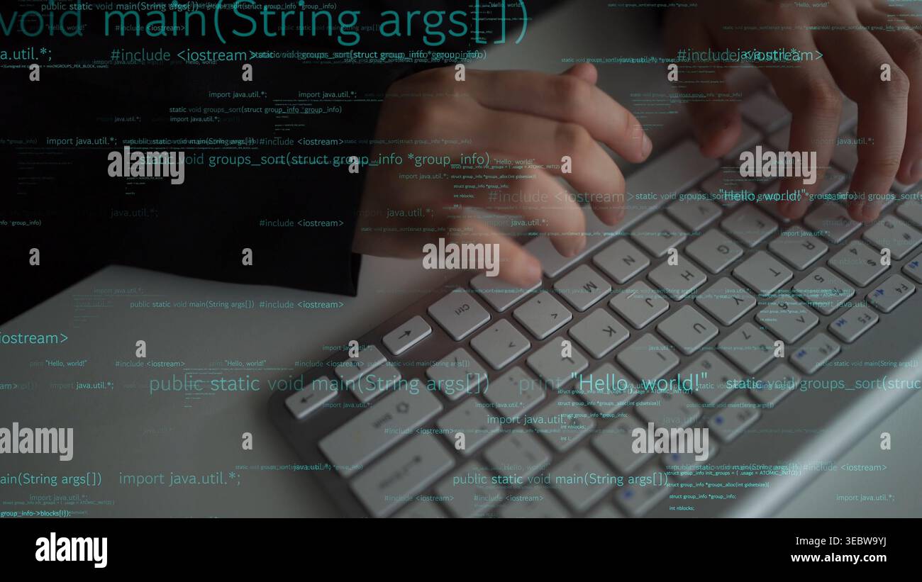 A close-up view of a programmer hands typing on a computer keyboard, creating code for software development. The image symbolizes technology and Stock Photo
