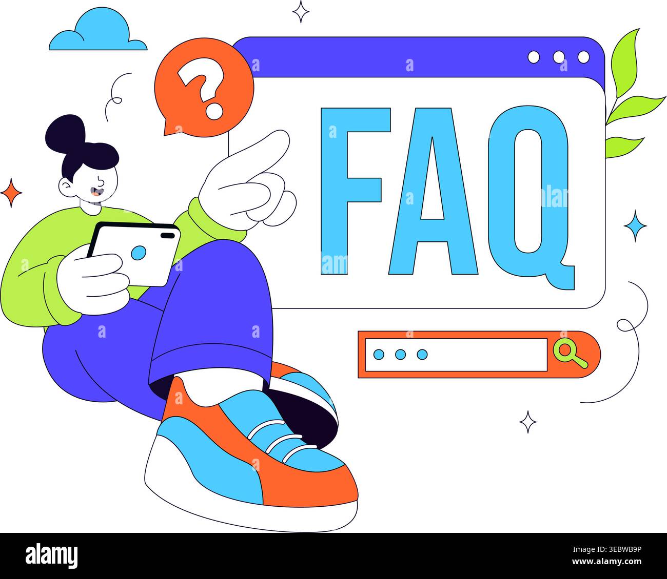 FAQ Vector Illustration featuring Frequently Asked Questions Concept With People Characters, Question Marks, Help Support, UI Elements Design Stock Vector