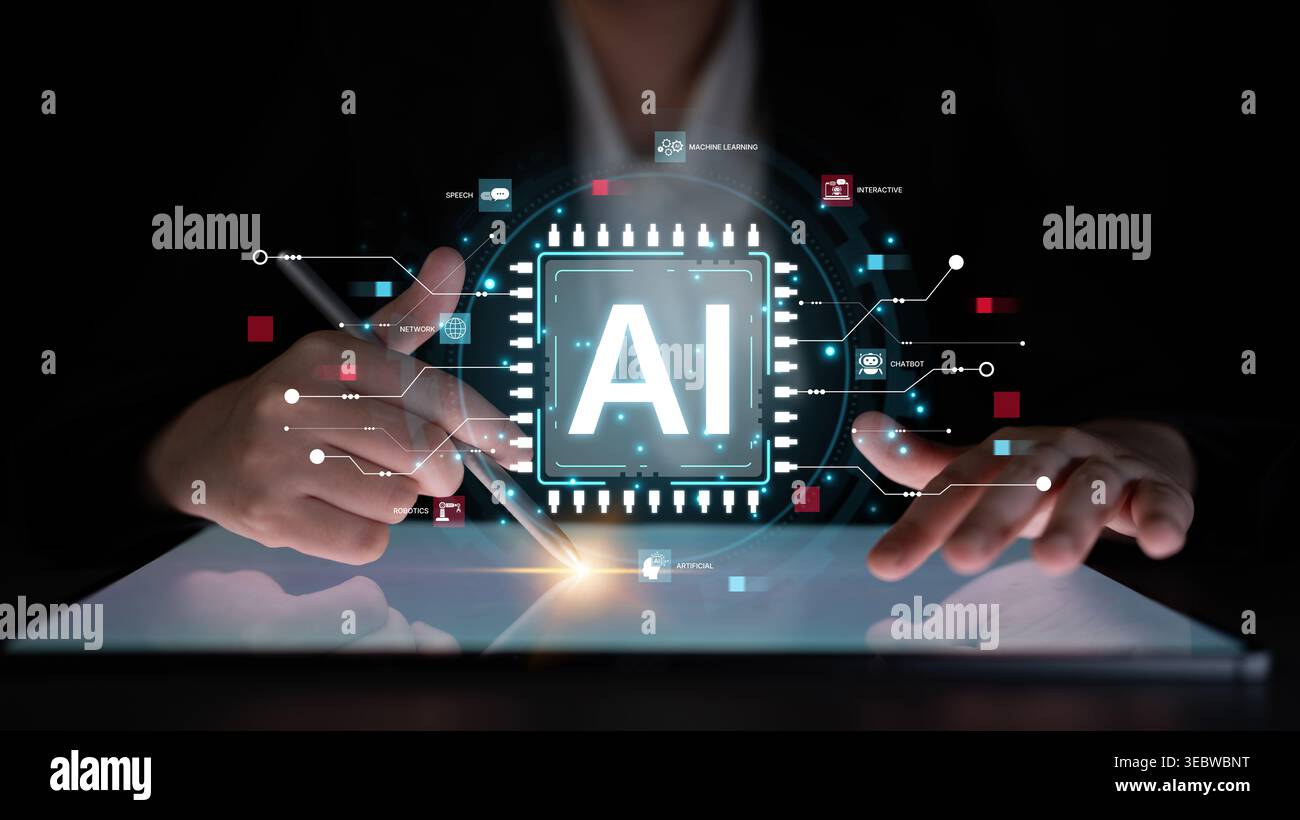 A technical diagram illustrating the core capabilities of Artificial Intelligence. This includes machine learning, robotics, speech recognition, and Stock Photo