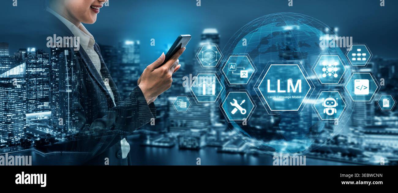 Large Language Model LLM processing data. Represents deep text learning, natural language processing NLP AI tech, transformer architecture, and Stock Photo