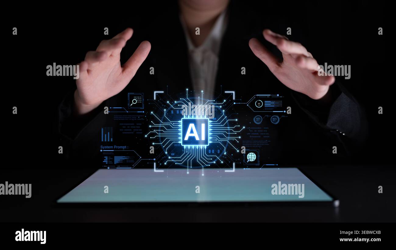 A futuristic AI core processor and system analytics dashboard. This concept highlights the raw processing power of AI for deep data analysis, system Stock Photo
