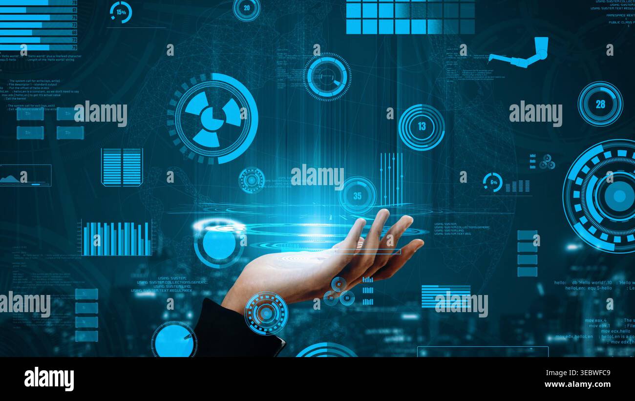 A dynamic scene featuring a human hand holding glowing digital elements representing data analytics and technology, emphasizing innovation and Stock Photo